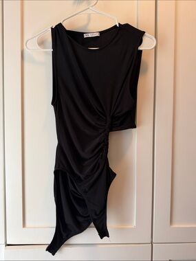 Zara Black Sleeveless Ruched Asymmetric Bodysuit